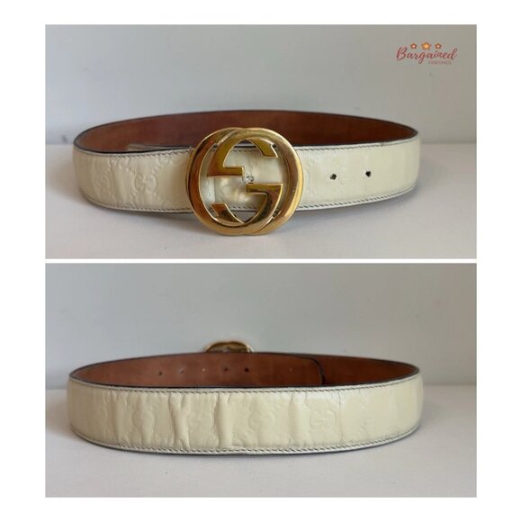 Authentic Gucci Cream Guccissima Leather Gold Interlocking G Buckle Belt 80/32 - Picture 5 of 12